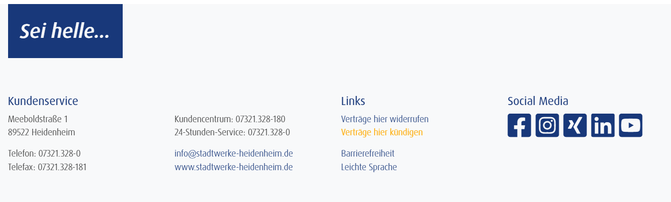 Bereich für Kunden-Service Vertrag kündigen