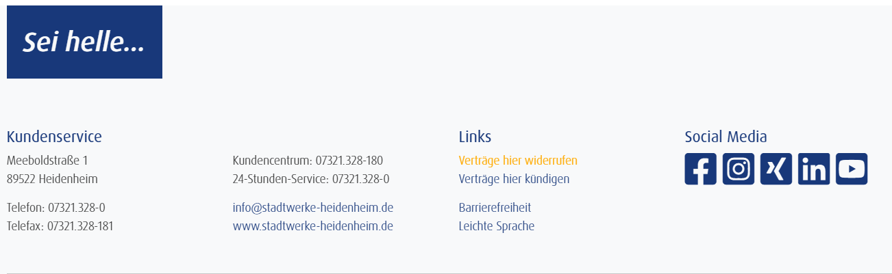 Bereich für Kunden-Service Vertrag widerrufen